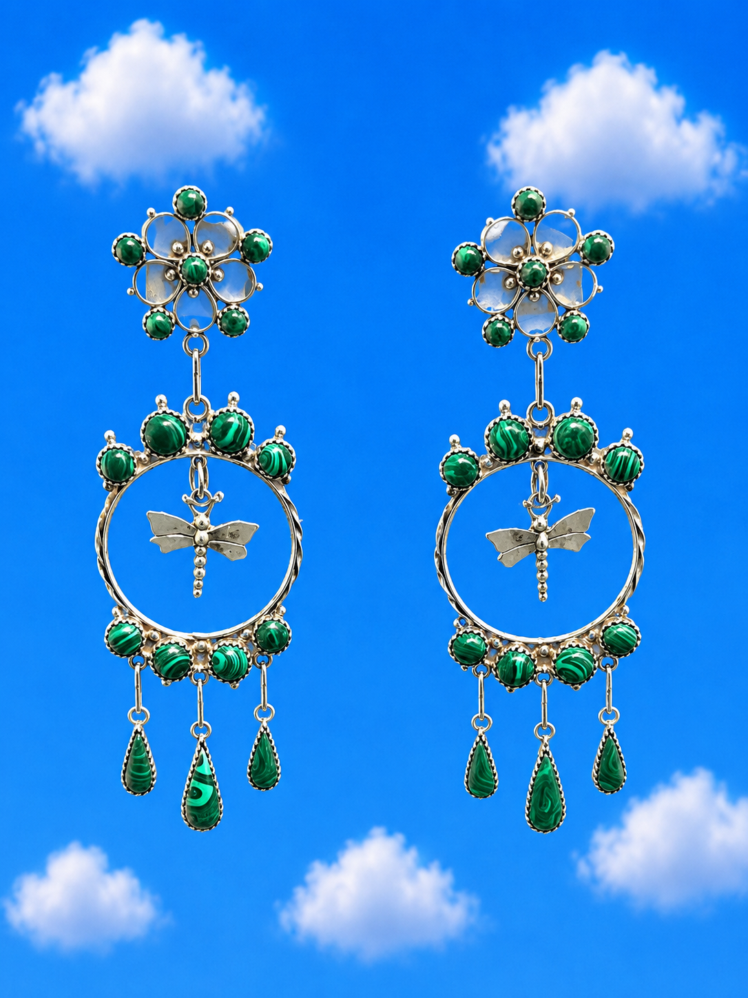 Chandelier Drop Earrings with Sterling Silver and Malachite Stones