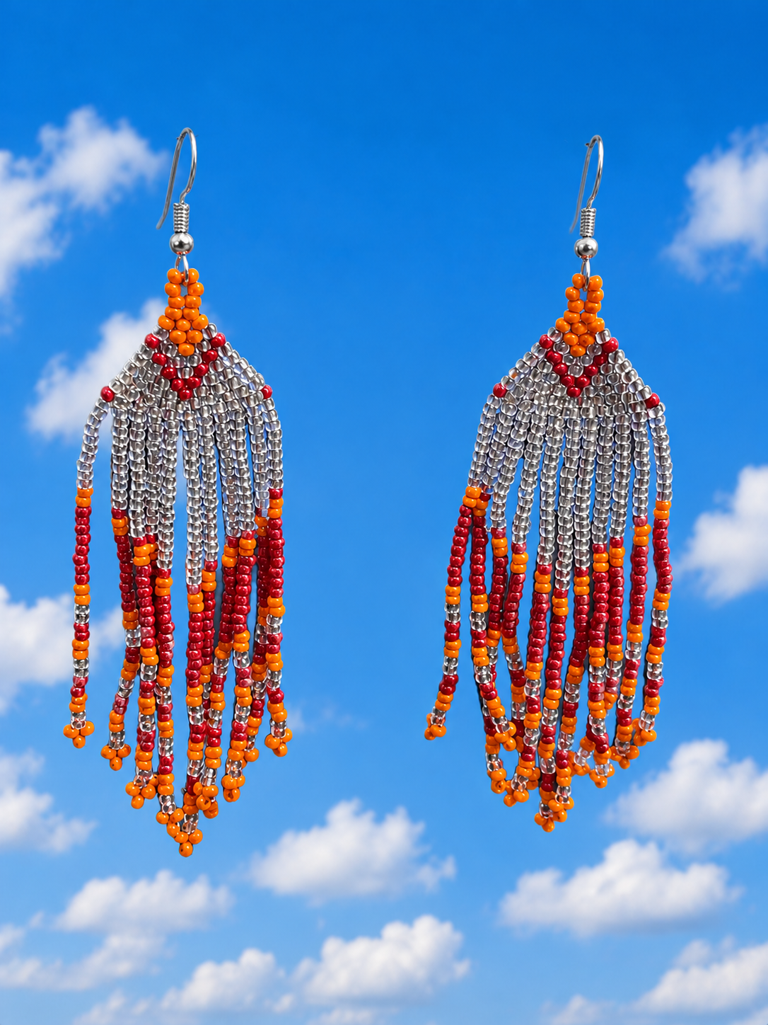 Orange, Red and Silver Beaded Earrings