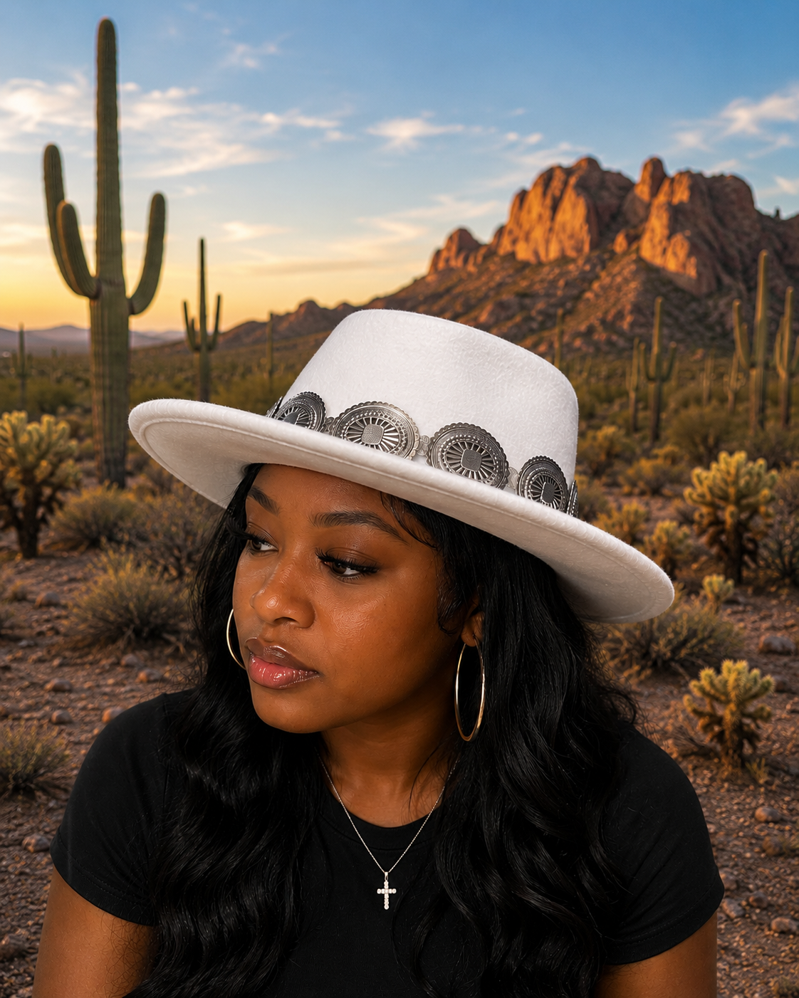 White felt fedora hat with concho headband