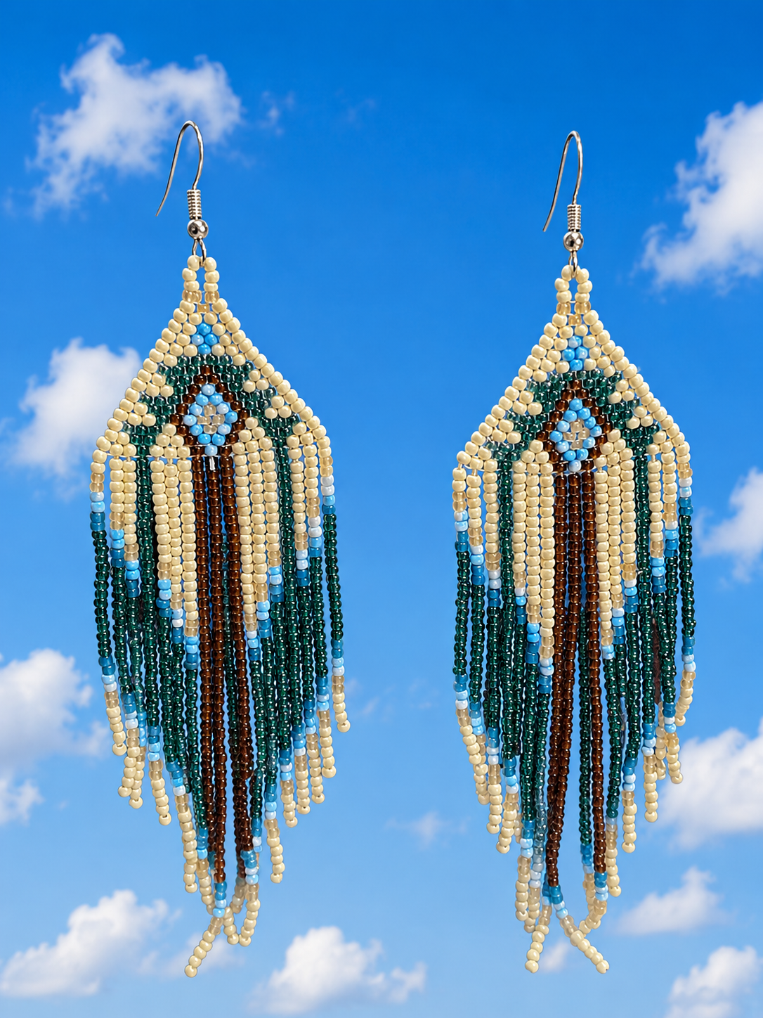 Cream, Sky Blue, Blue and Green Beaded Earrings