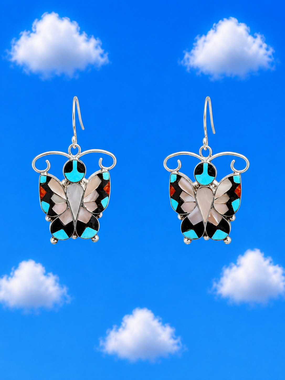 Zuni Handmade .925 Multi-Stone Butterfly Dangle Earring
