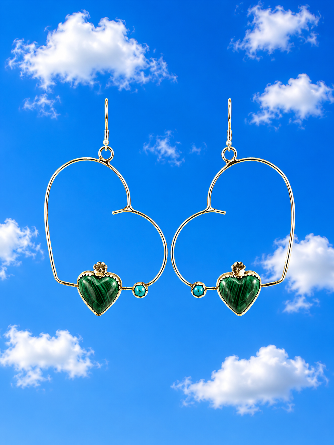 Heart Shaped Sterling Silver Earrings with Malachite Heart Shaped Stones and Turquoise a “Kimmie Sue Collection”