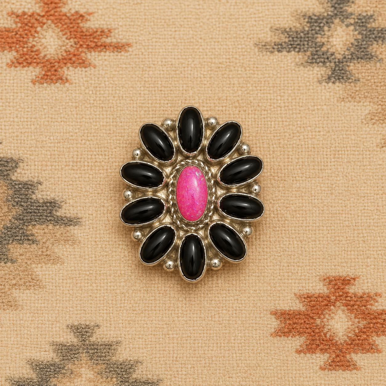 Black onyx pink stone sterling silver ring