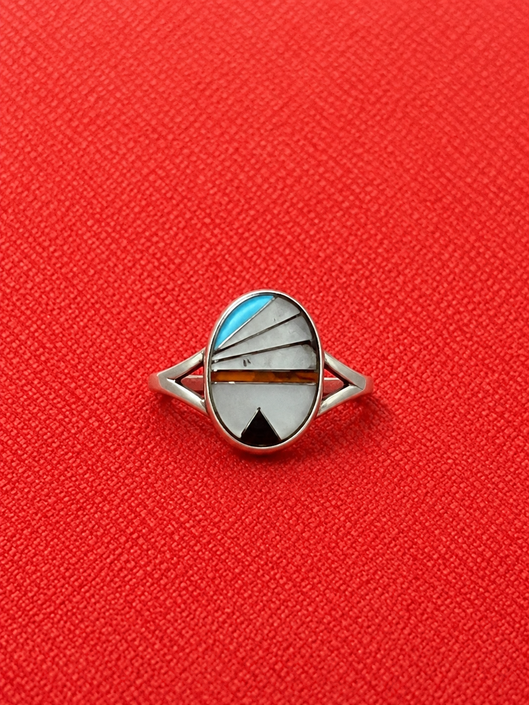 Turquoise/onyx/mother of pearl inlay sterling silver ring