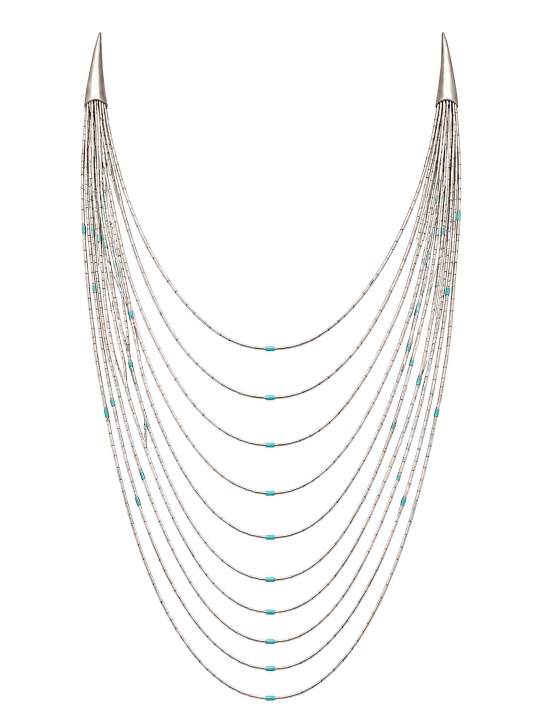 Liquid sterling silver necklace with turquoise stones 10 strands