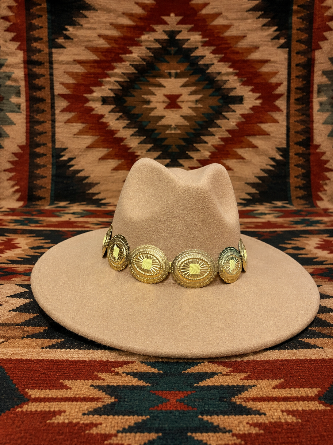 Wide brim felt fedora hat with concho headband