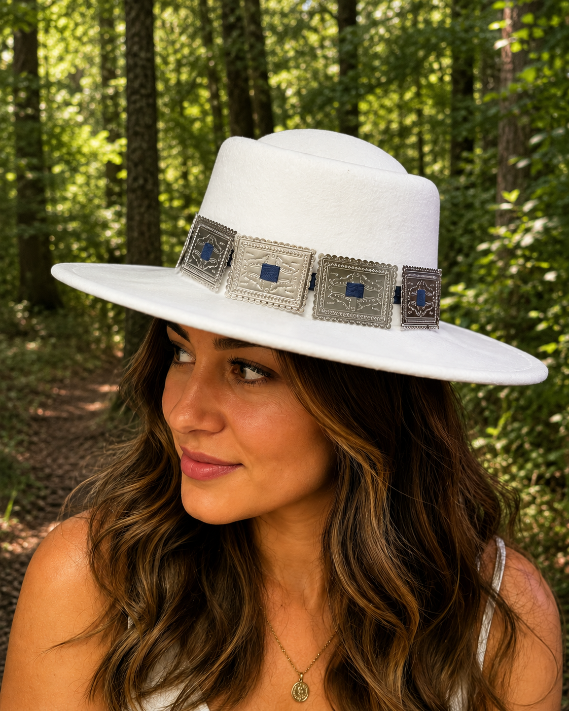 White felt fedora hat with square concho headband