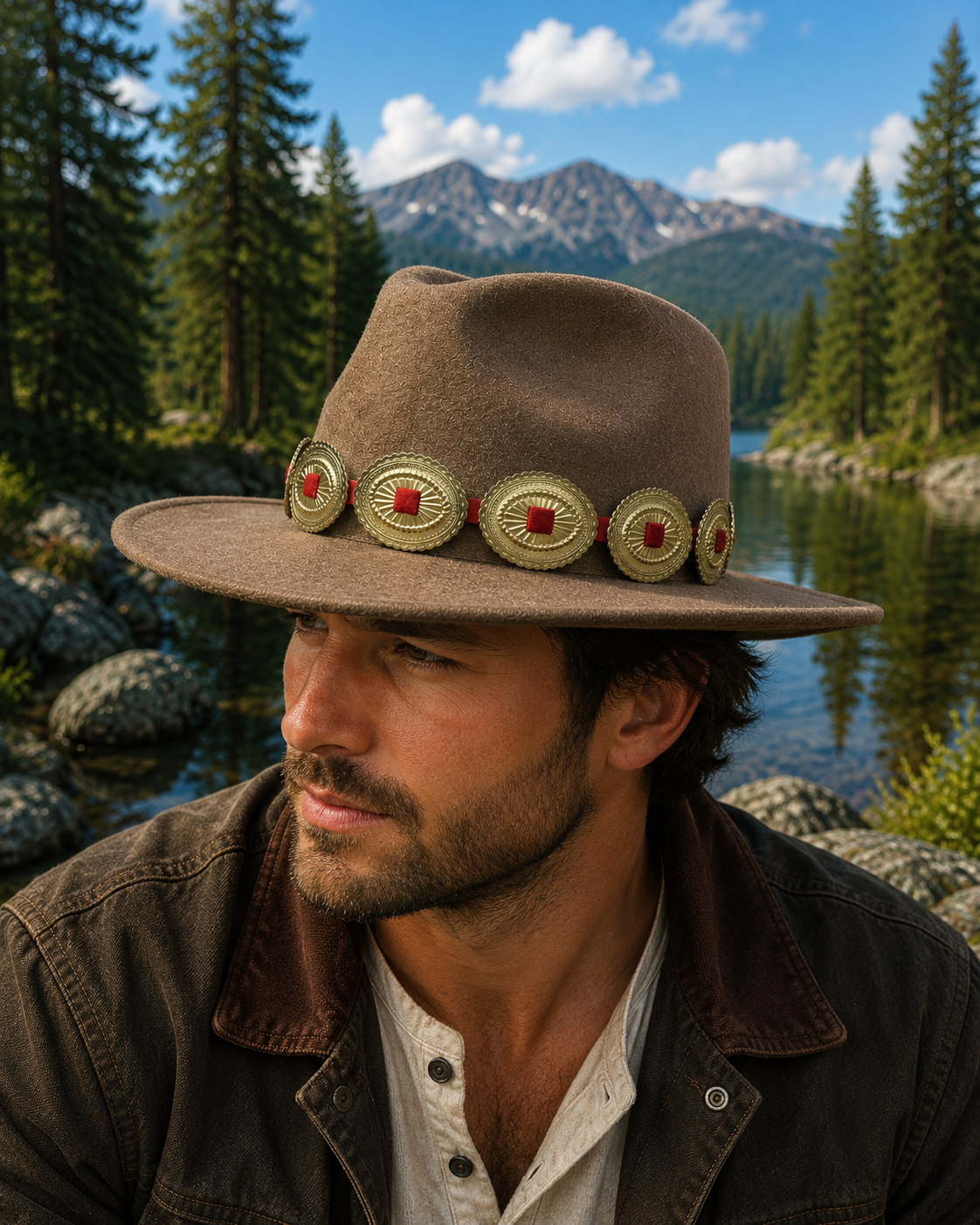 Wide brim felt fedora hat with concho headband