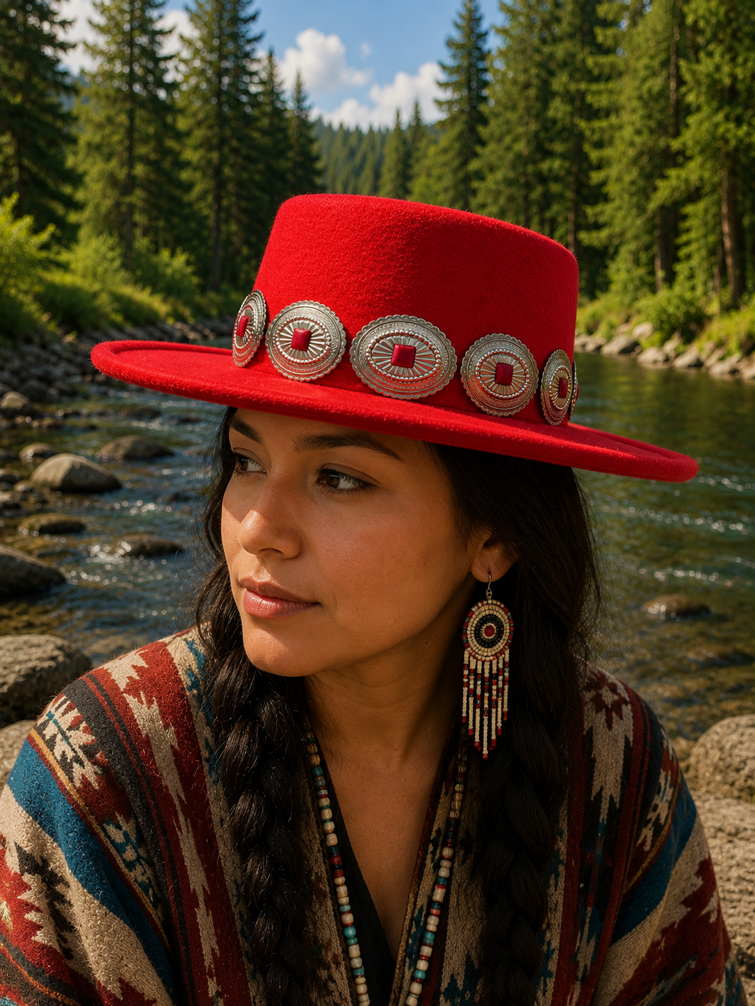 Red felt fedora hat with concho headband