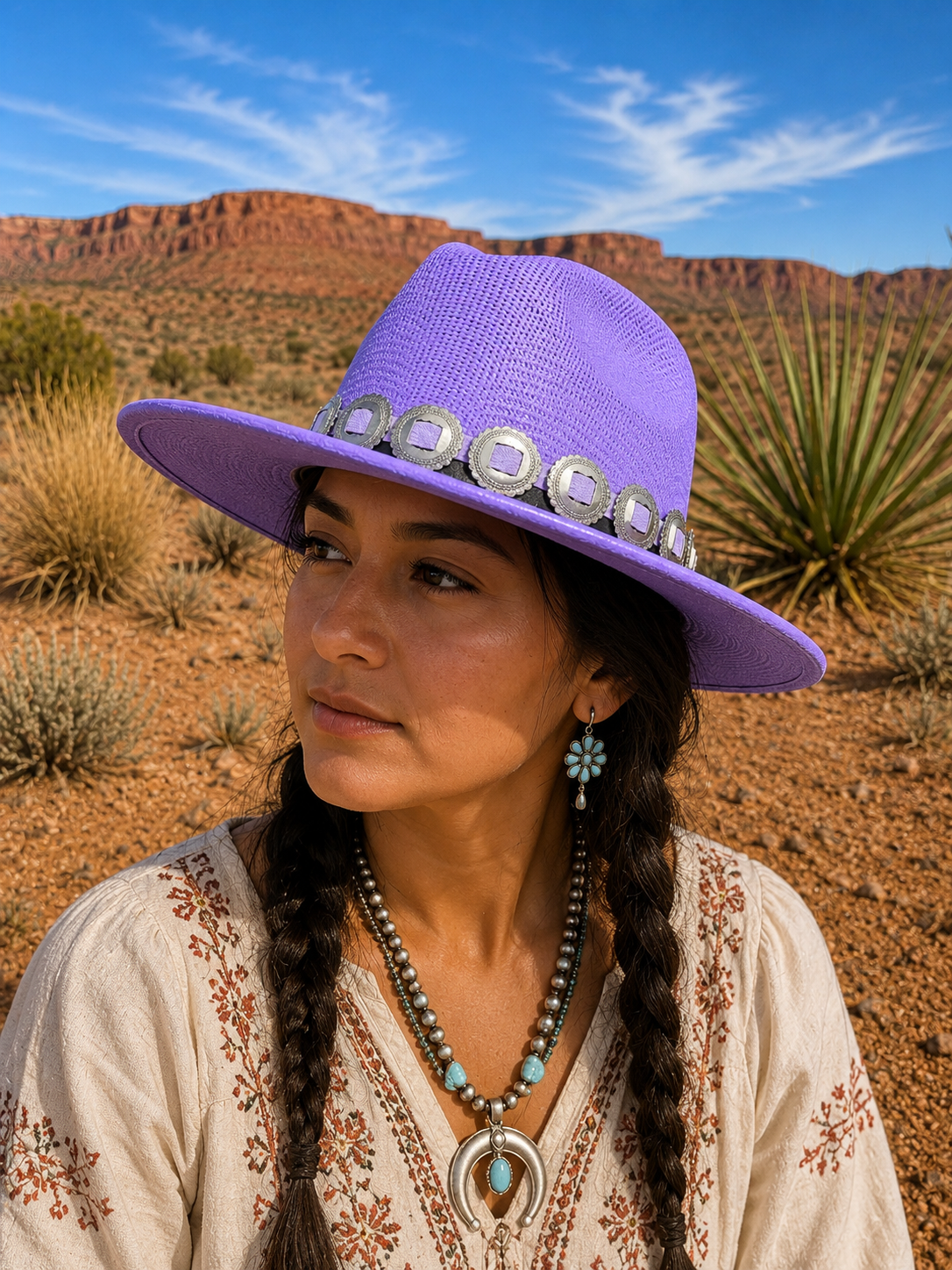 Purple straw fedora hat with concho headband