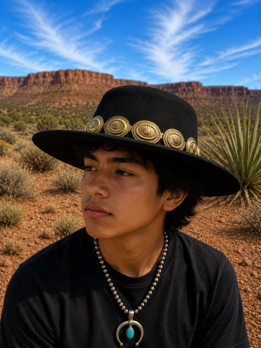Black felt fedora hat with gold tone concho headband