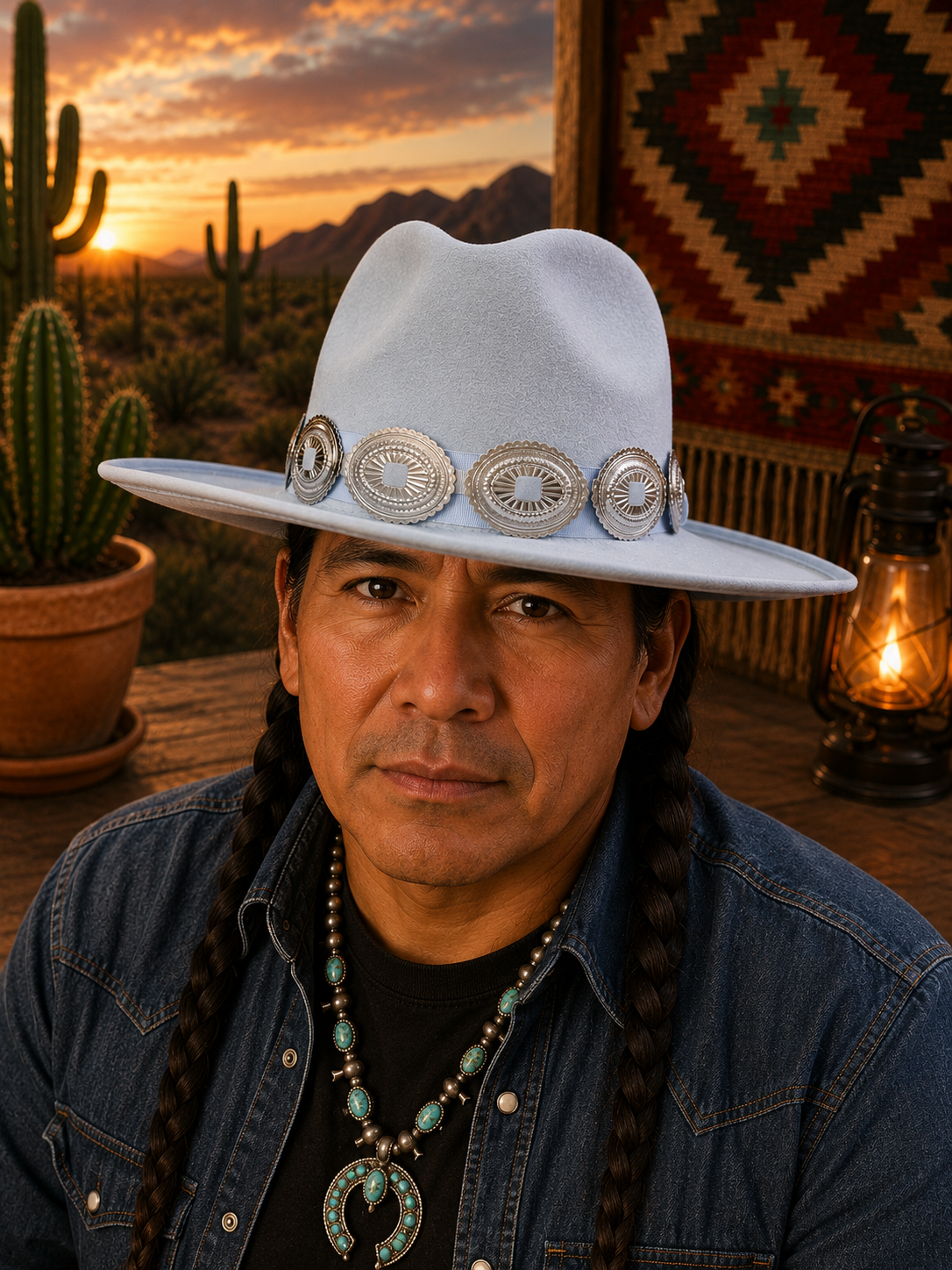 Light blue felt fedora hat with concho headband