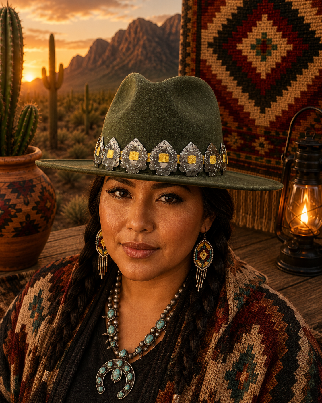 Dark green felt fedora hat with arrowhead headband
