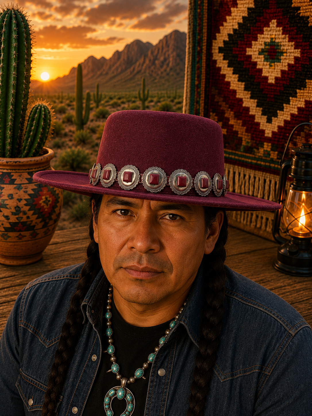 Maroon felt fedora hat with concho headband
