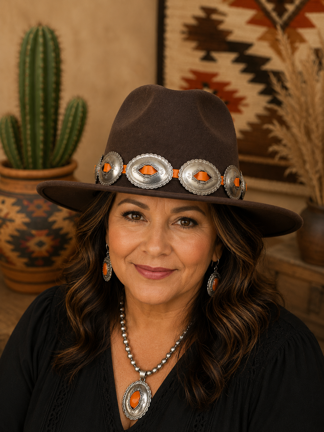 Dark brown felt fedora hat with oval concho headband
