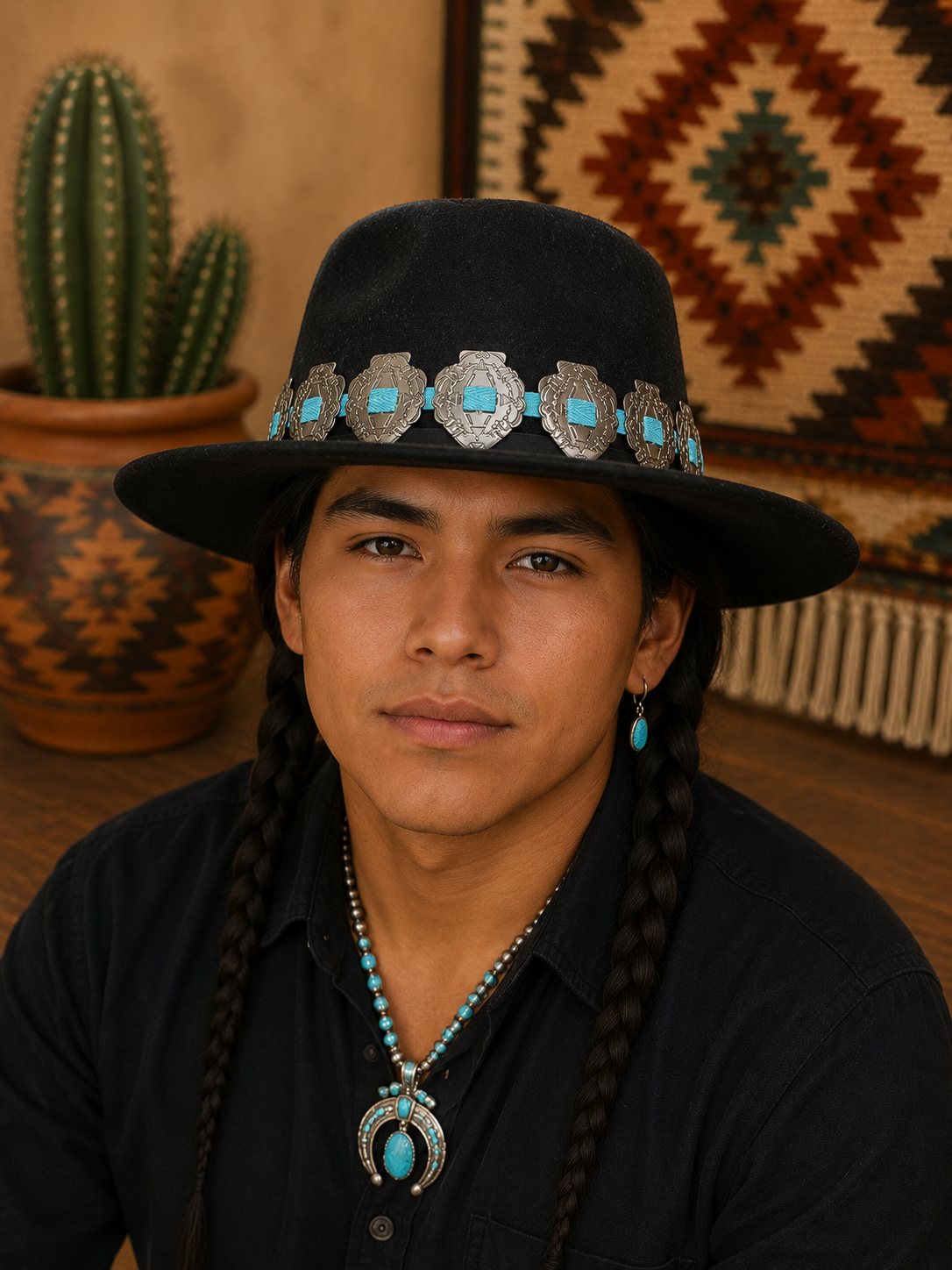 Black felt fedora hat with arrowhead headband