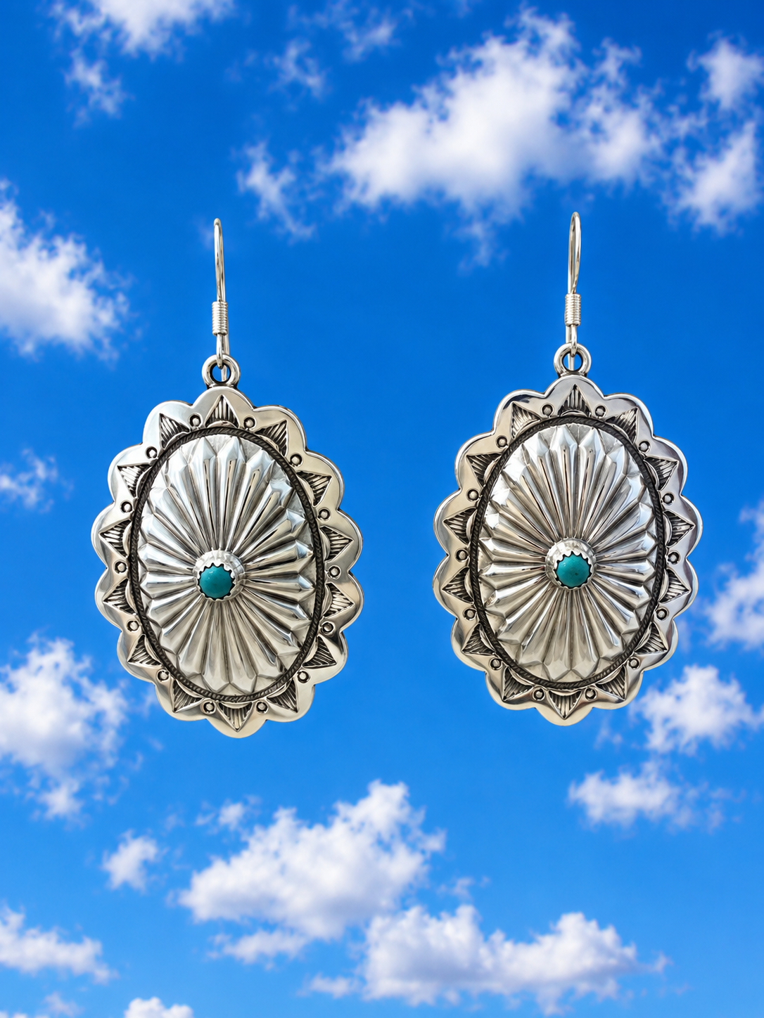 Sterling Silver Concho Medallion Earrings with Turquoise Stones