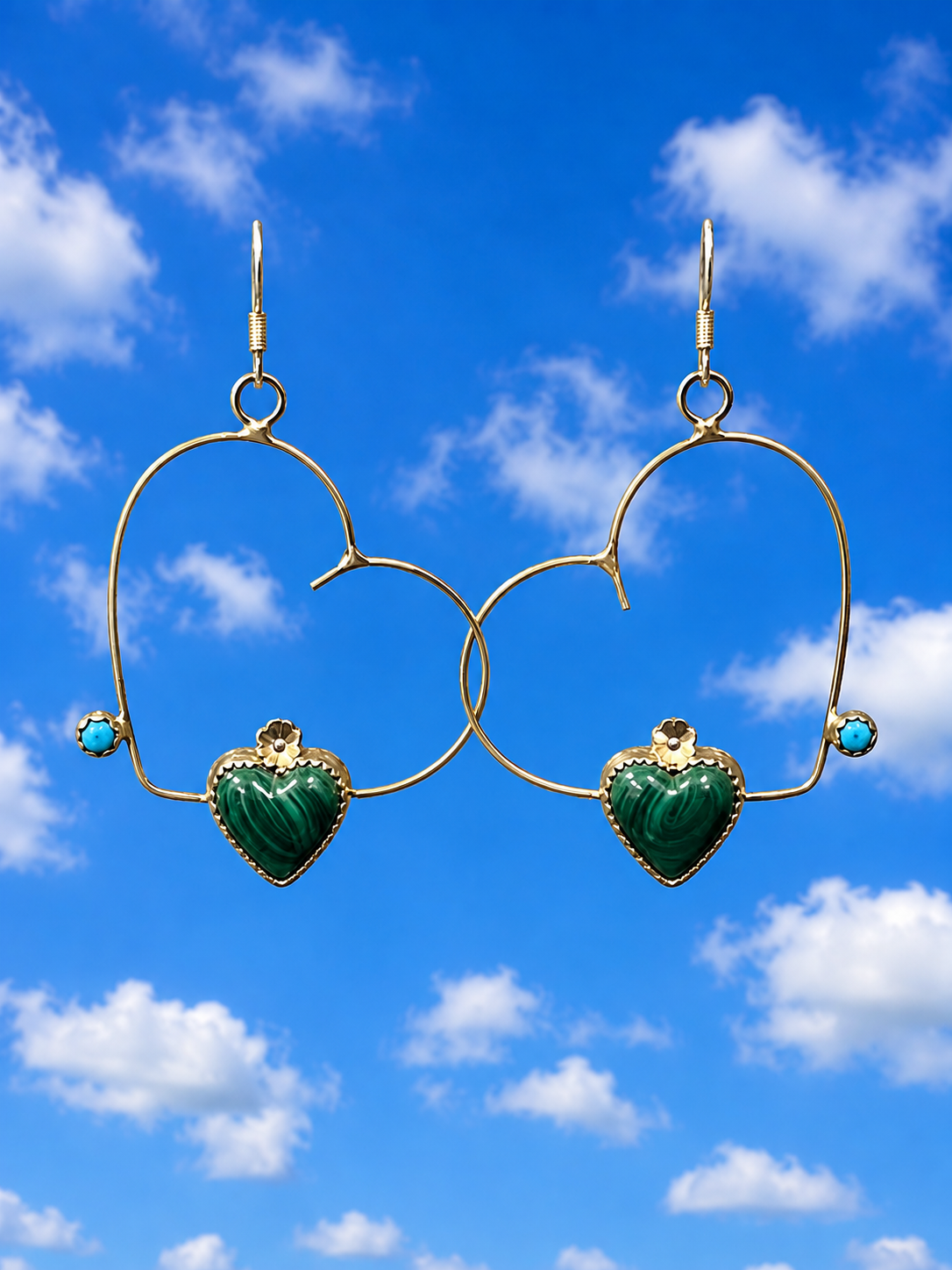 Heart Shaped Sterling Silver Earrings with Malachite Heart Shaped Stones and Turquoise a “Kimmie Sue Collection”