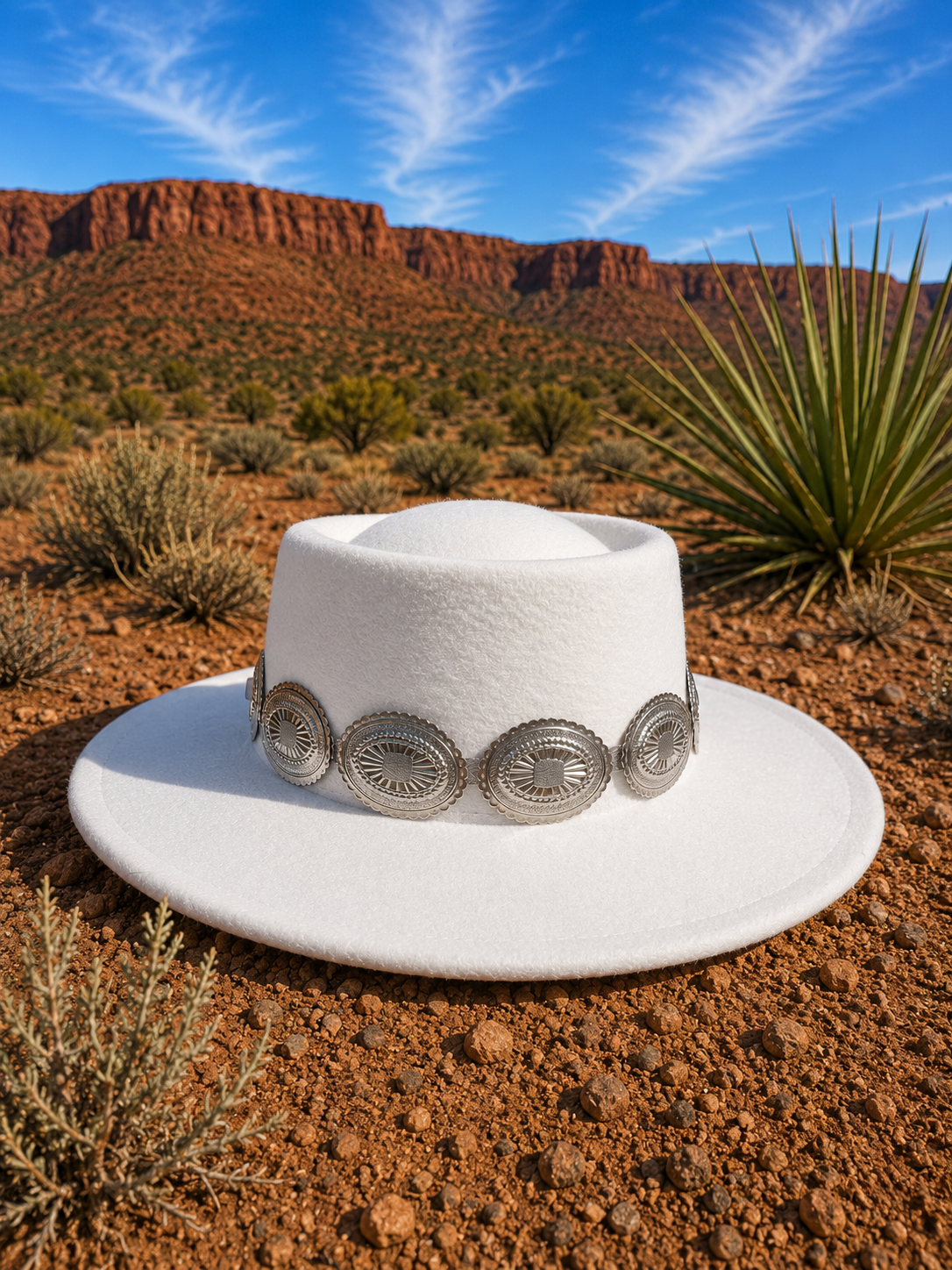 White felt fedora hat with concho headband