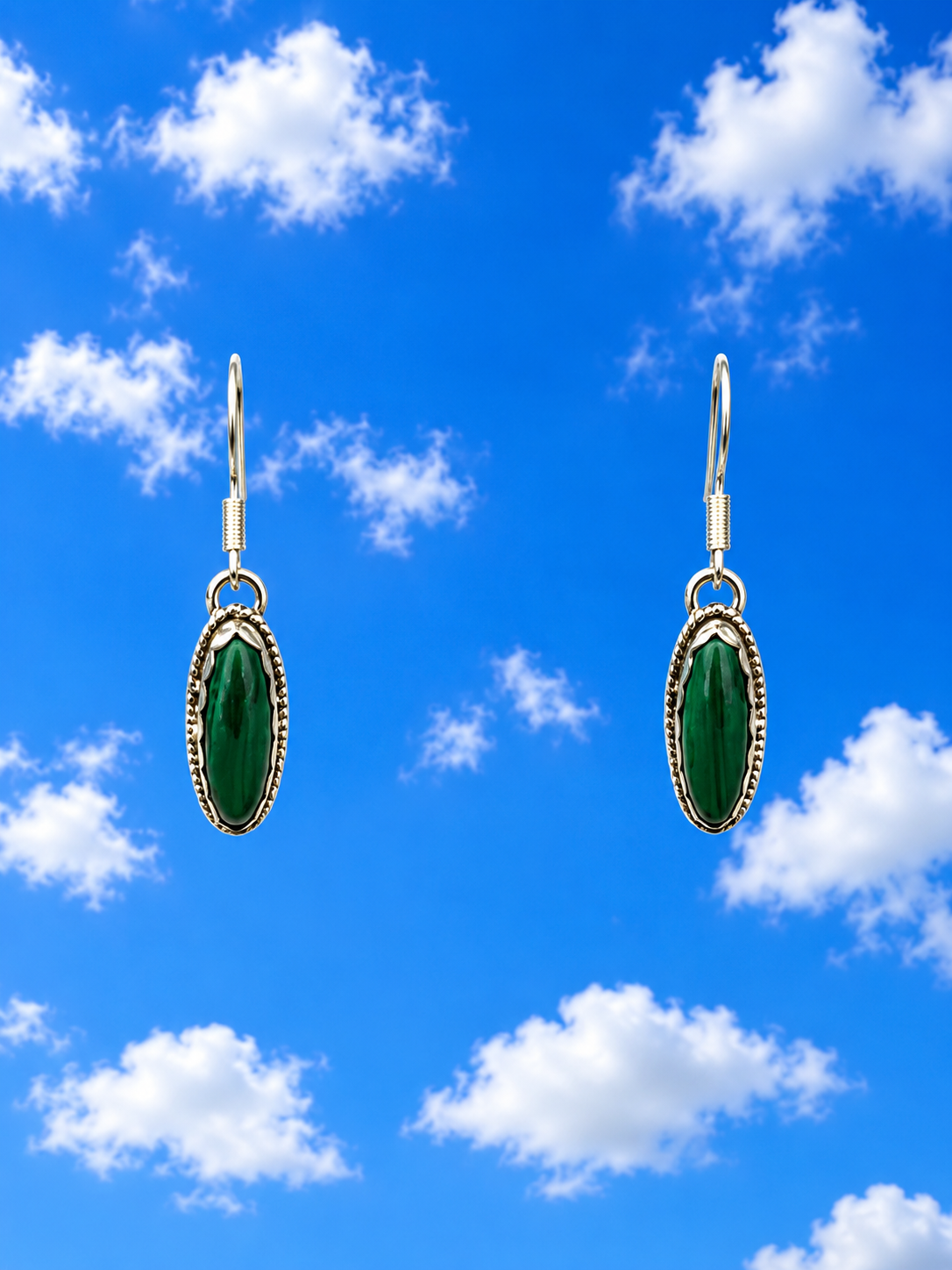 Sterling Silver Dangle Earrings with Malachite Stones a “Kimmie Sue Collection”