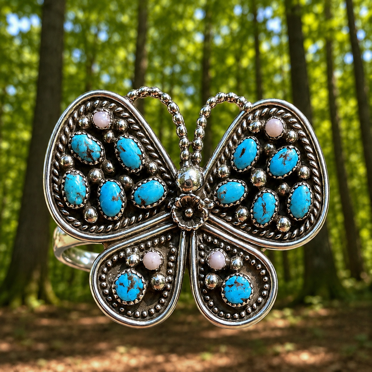 Native American butterfly turquoise/conch adjustable ring