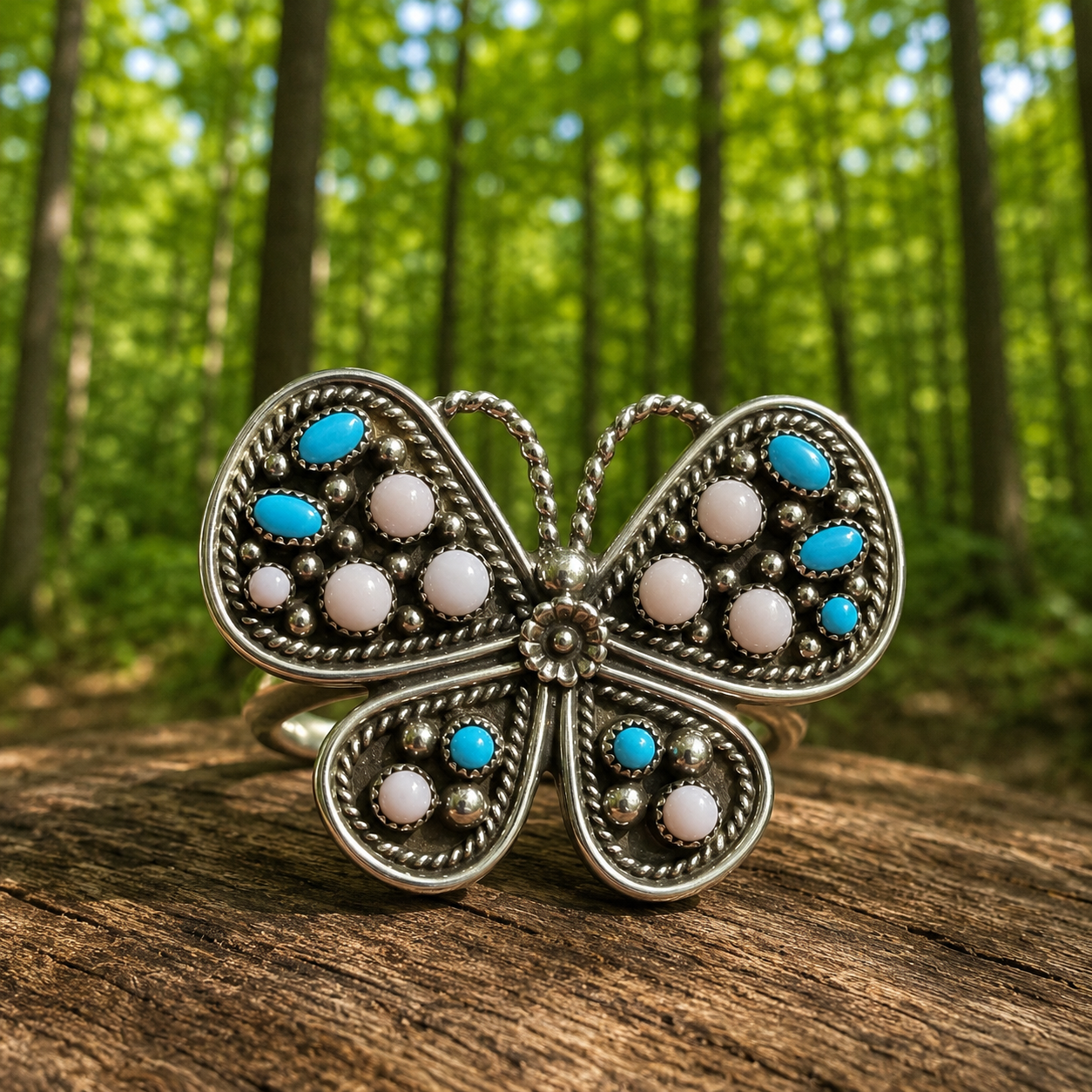 Native American butterfly turquoise/conch adjustable ring