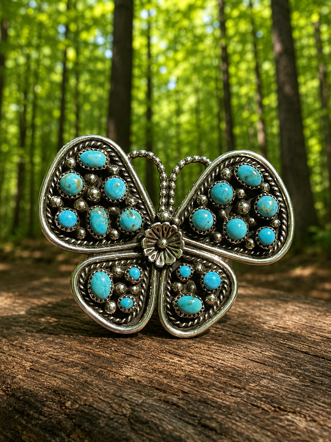 Native American butterfly turquoise/conch adjustable ring
