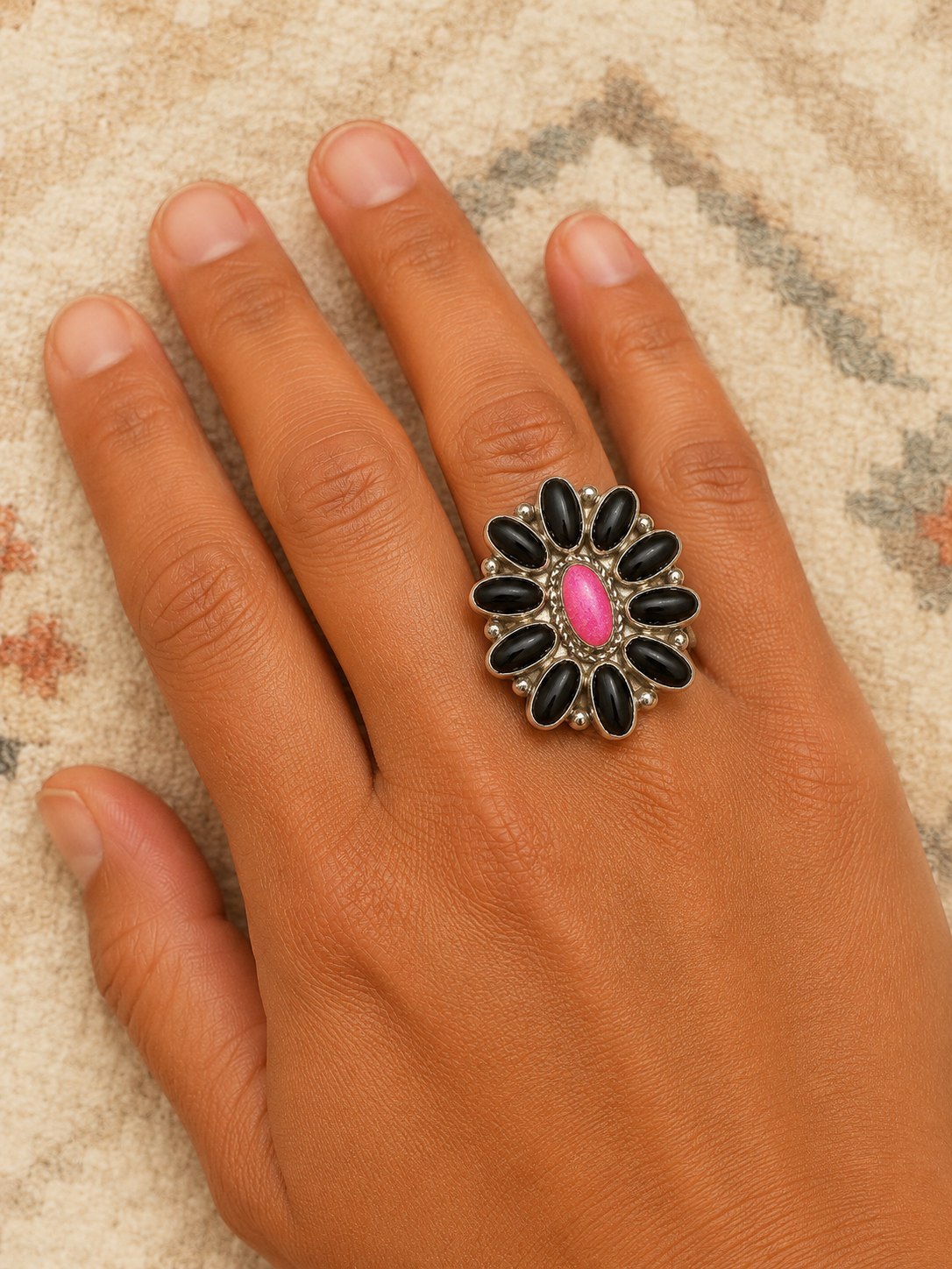 Black onyx pink stone sterling silver ring