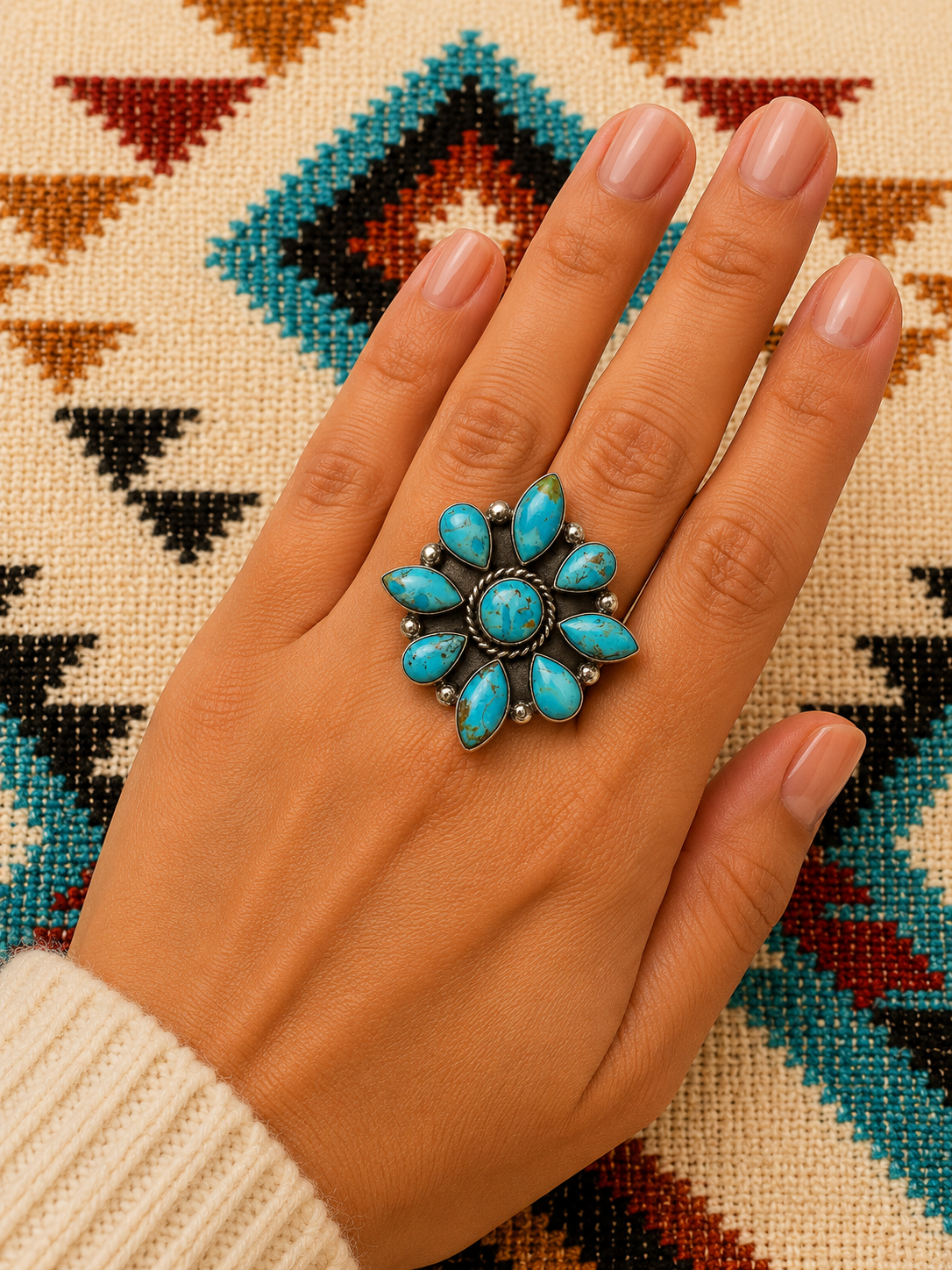 Turquiose cluster sterling silver ring