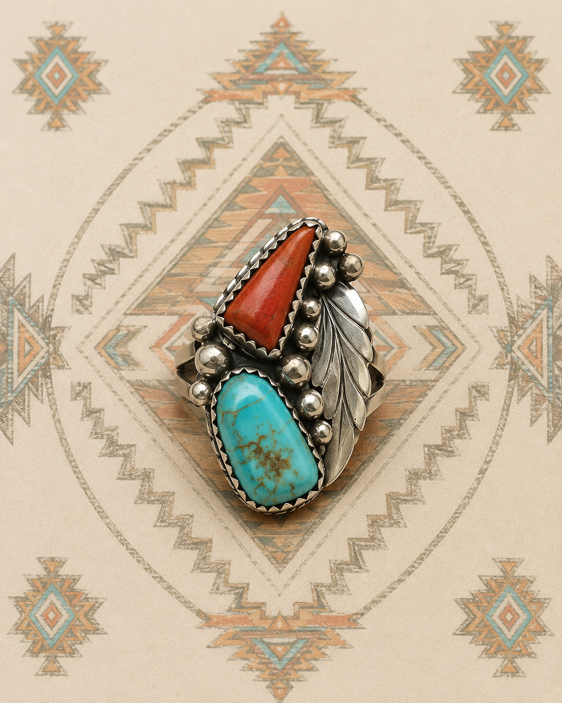 Turquiose and coral sterling silver ring