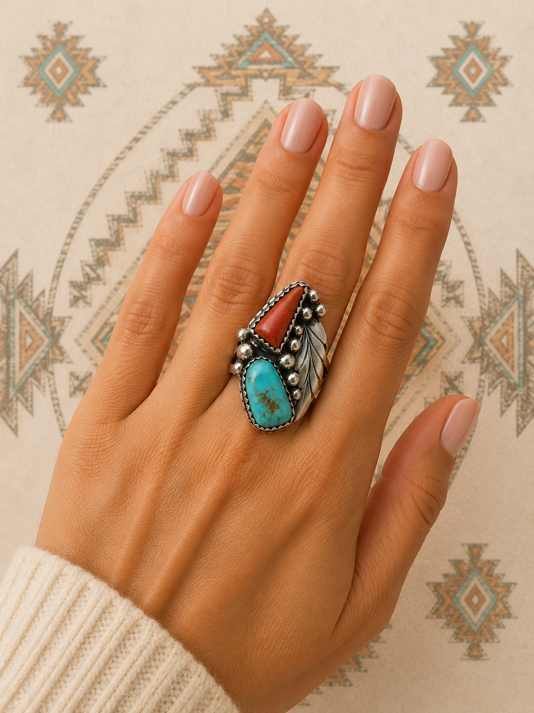 Turquiose and coral sterling silver ring