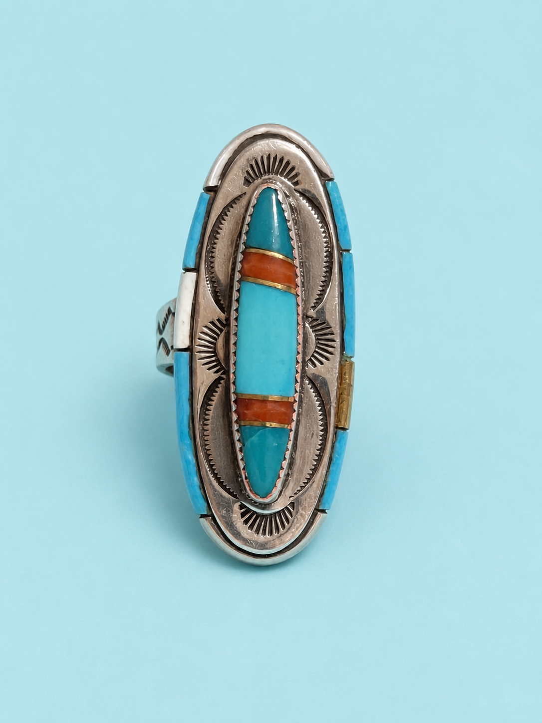 Turquoise/coral/onyx sterling silver ring