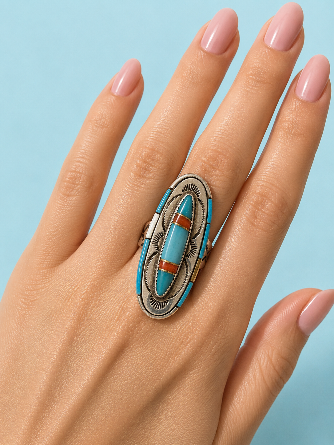 Turquoise/coral/onyx sterling silver ring