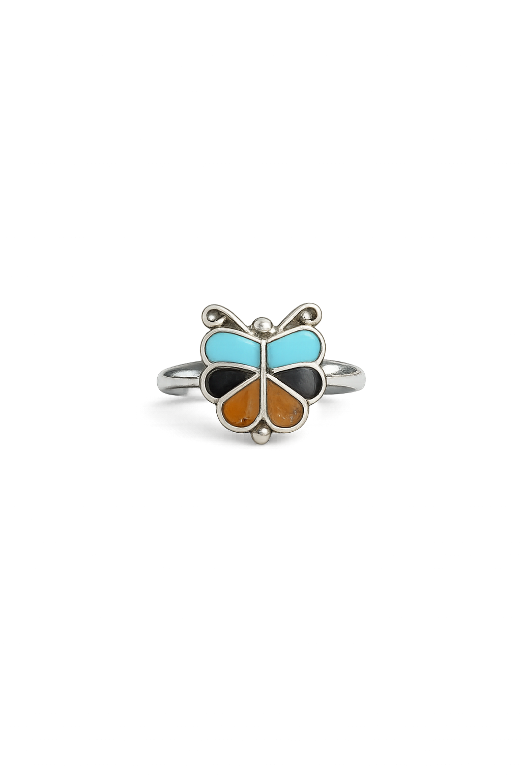 Turquoise/coral/onyx sterling silver ring
