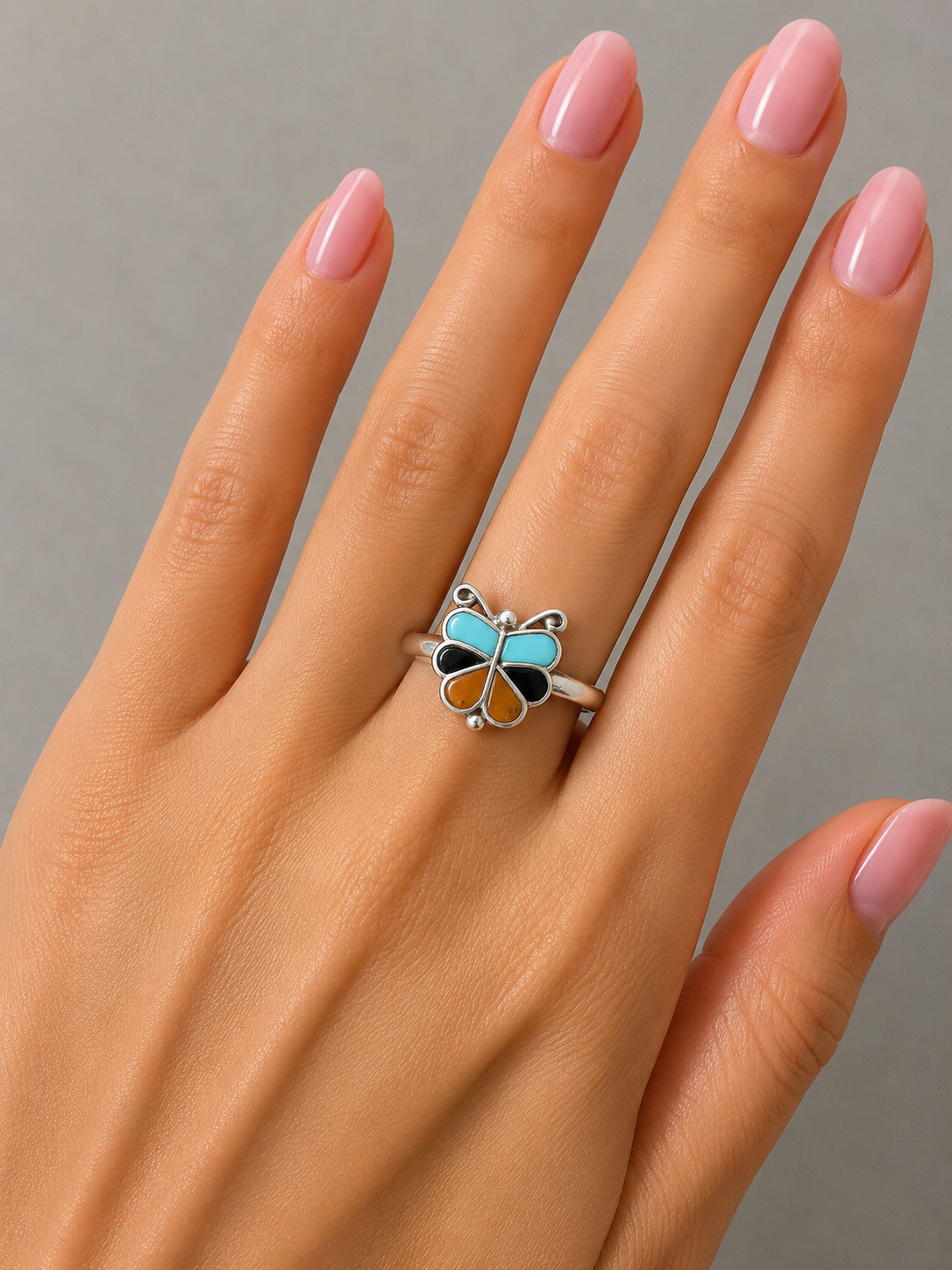 Turquoise/coral/onyx sterling silver ring