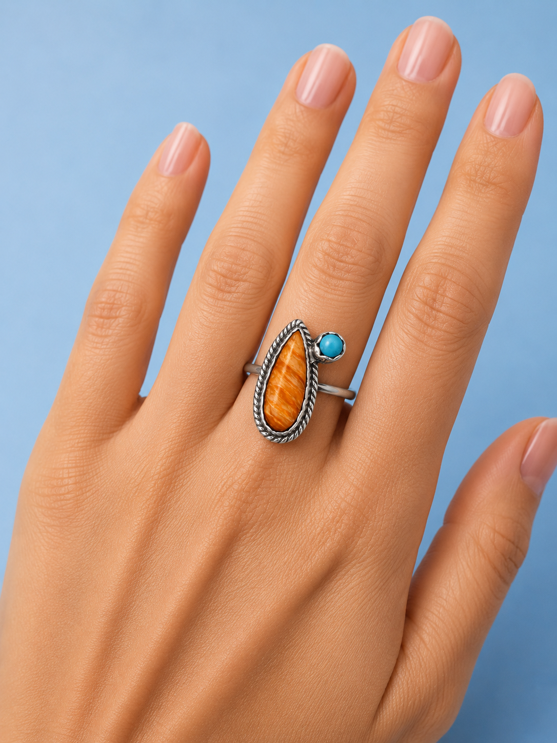 Spiney oyster/turquoise sterling silver ring