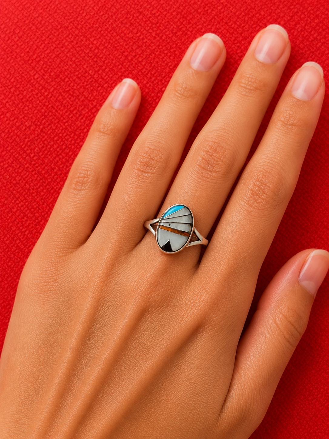 Turquoise/onyx/mother of pearl inlay sterling silver ring