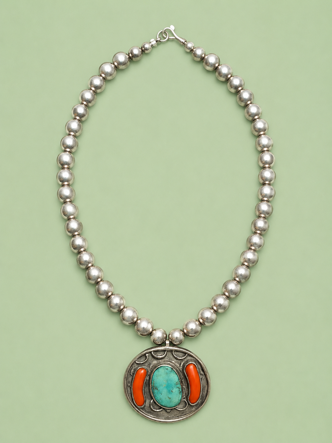 Turquoise/coral sterling silver ball necklace with pendant