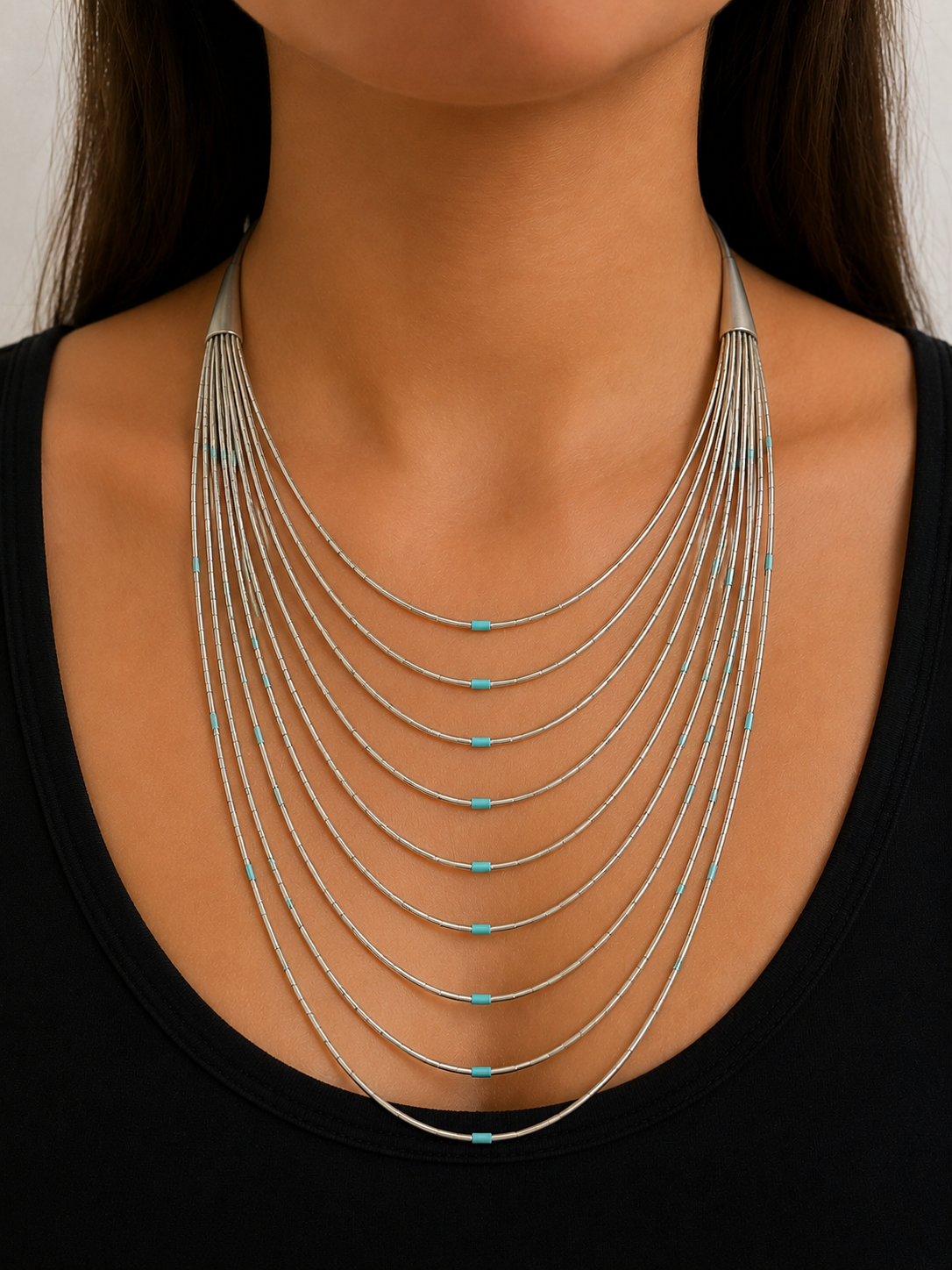 Liquid sterling silver necklace with turquoise stones 10 strands
