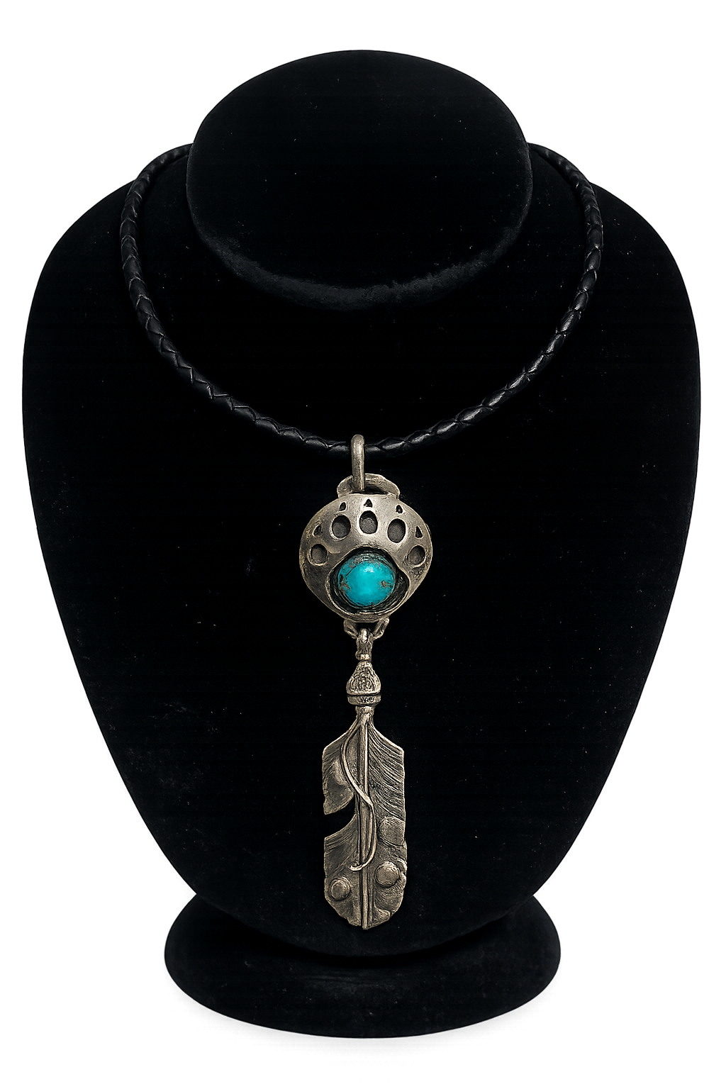 Turquoise bear claw with feather with leather choker