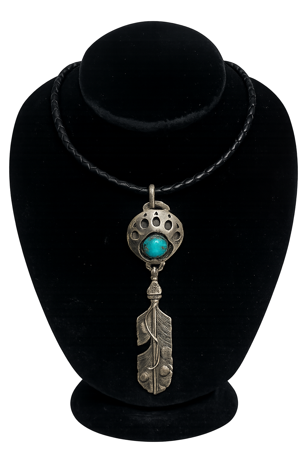 Turquoise bear claw with feather with leather choker