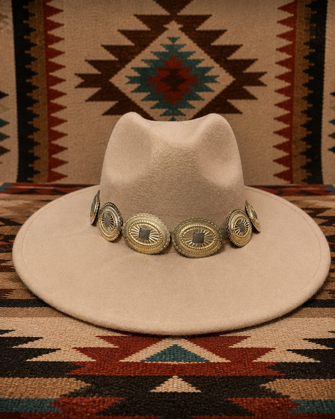 Wide brim felt fedora with concho head band