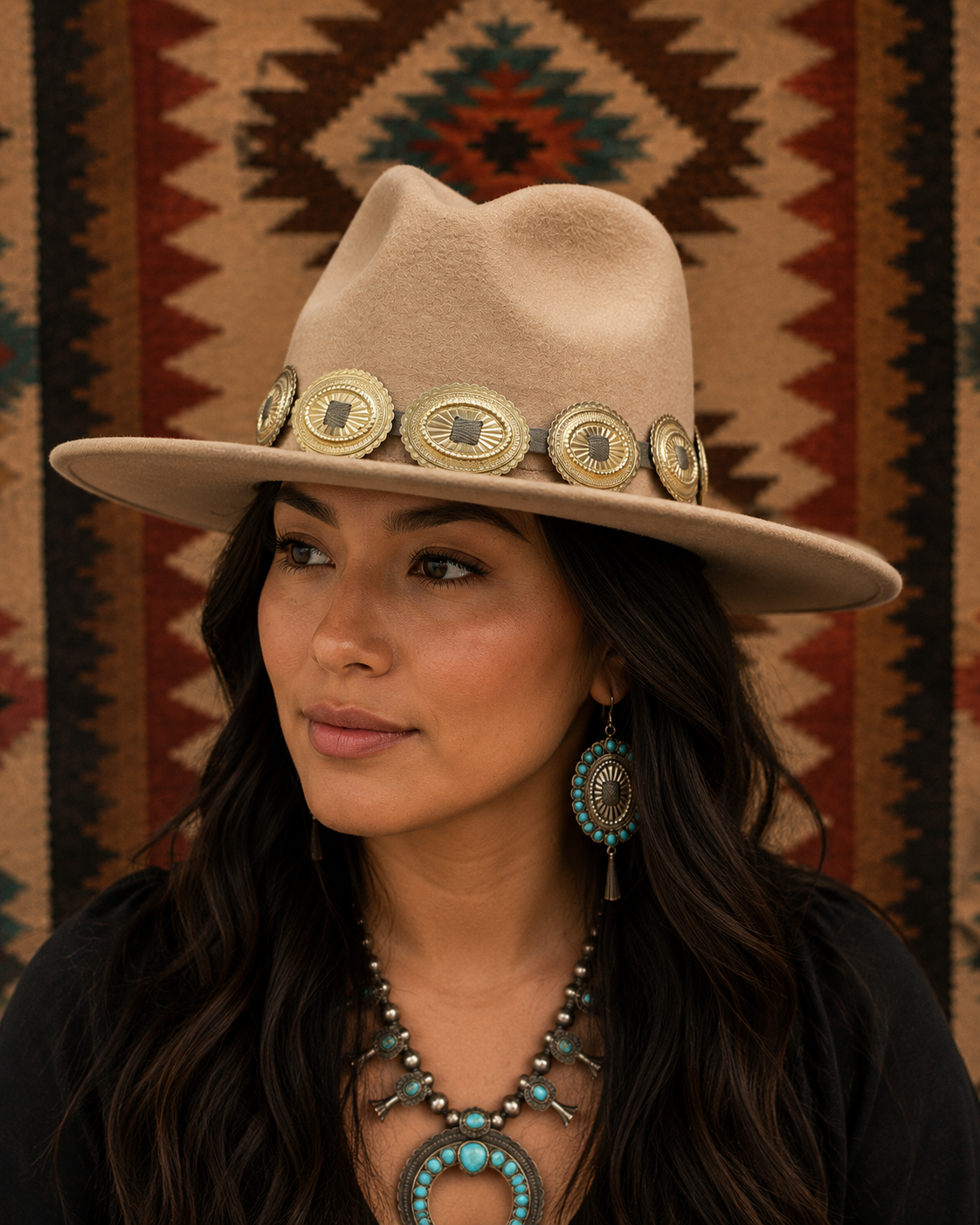 Wide brim felt fedora with concho head band