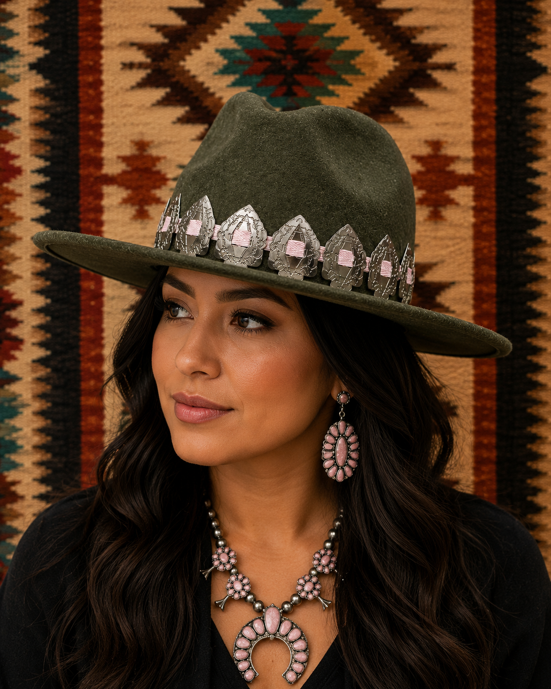 Wide brim fedora felt hat with concho headband
