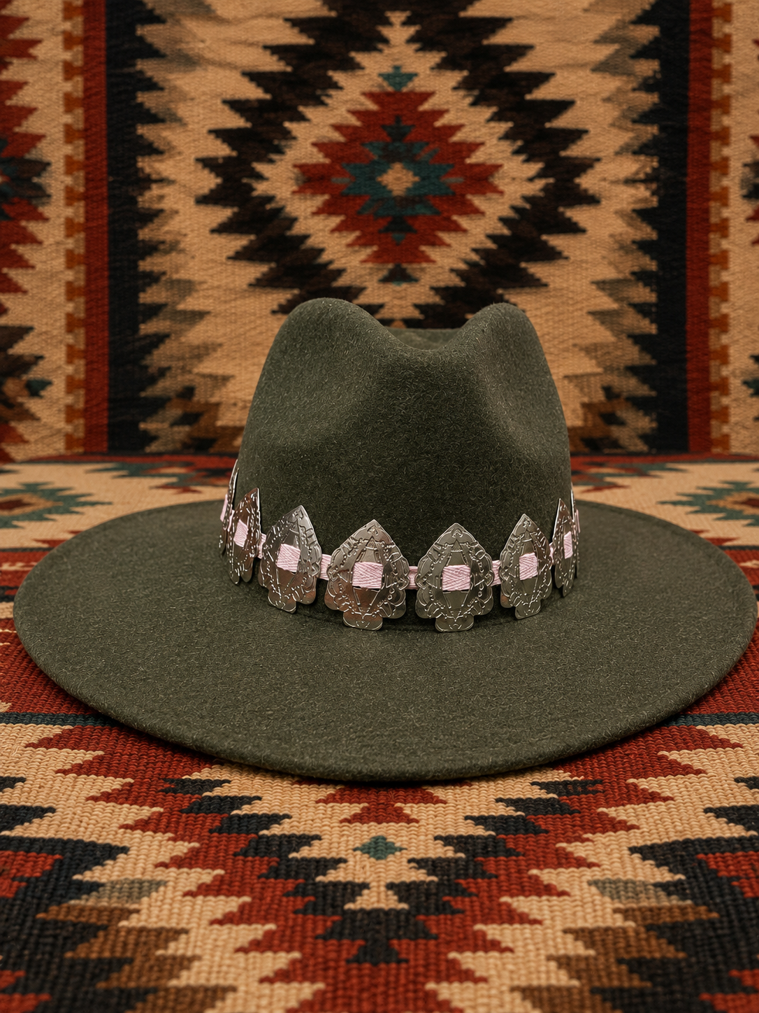 Wide brim fedora felt hat with concho headband