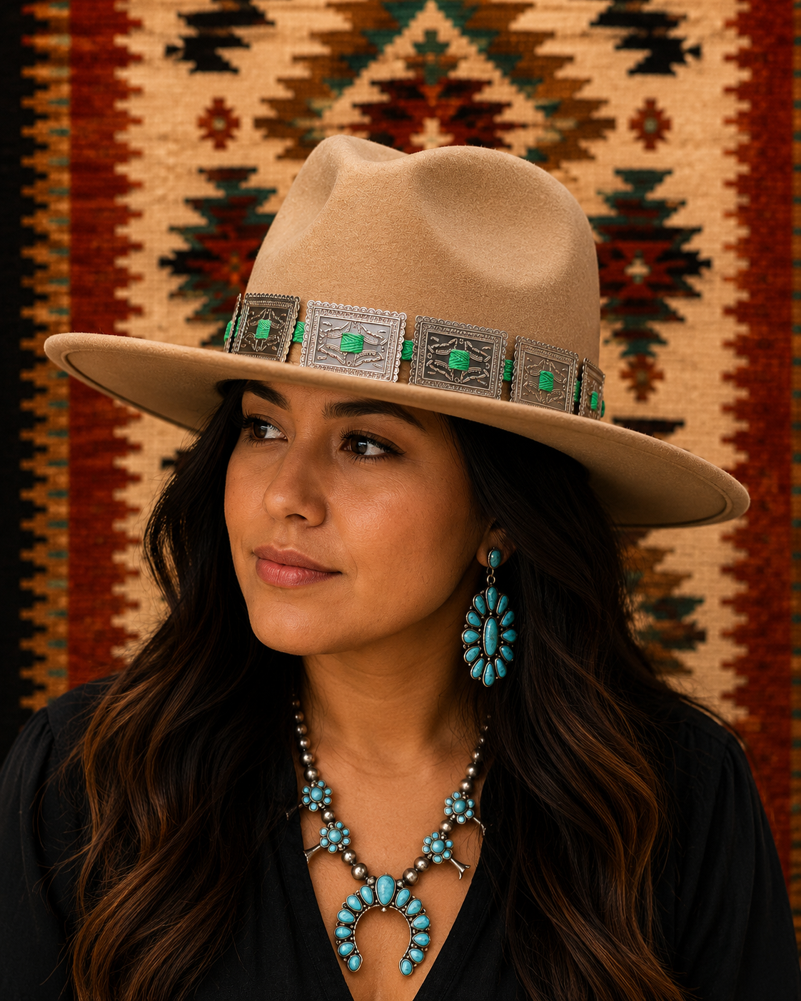 Wide brim felt fedora hat with concho headband