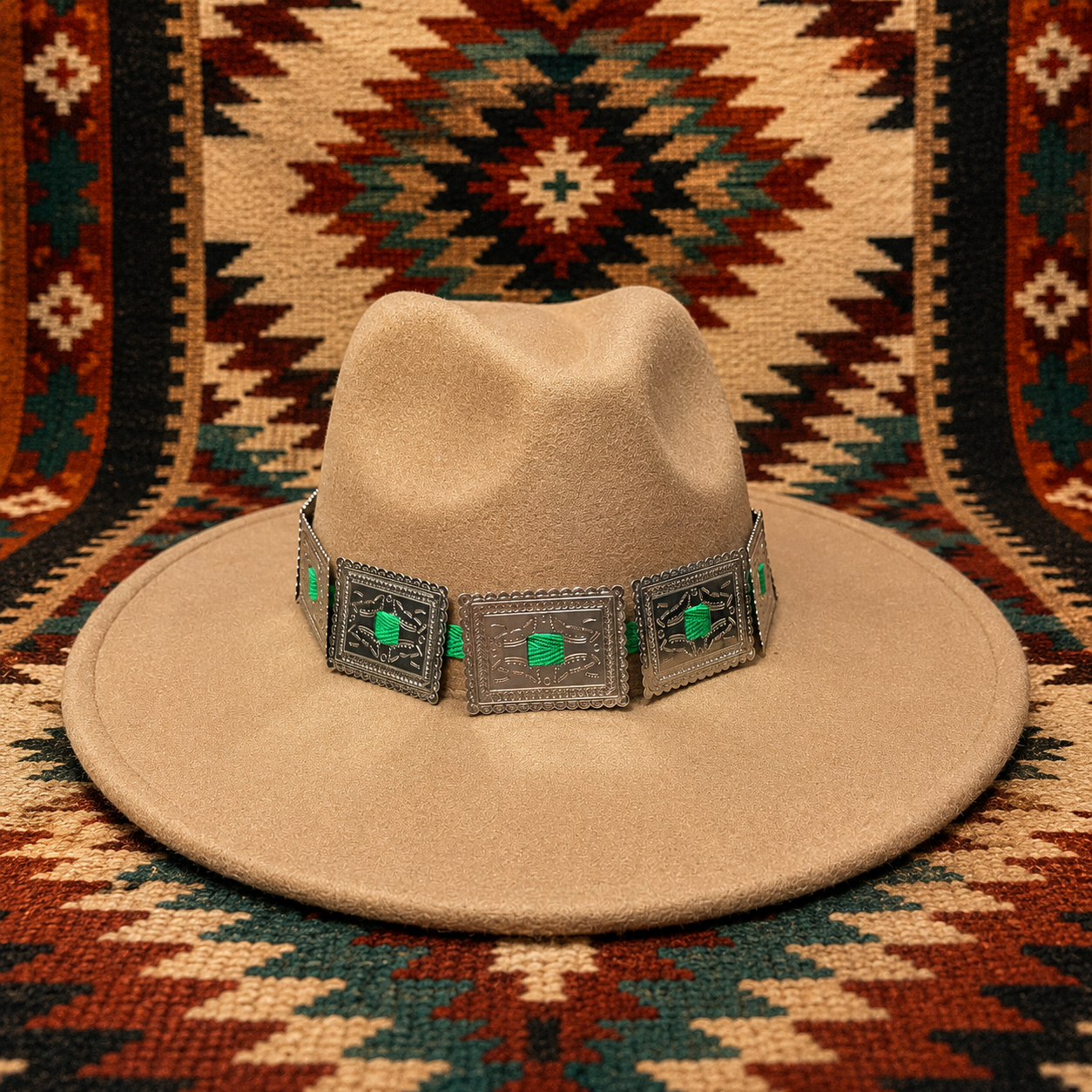 Wide brim felt fedora hat with concho headband