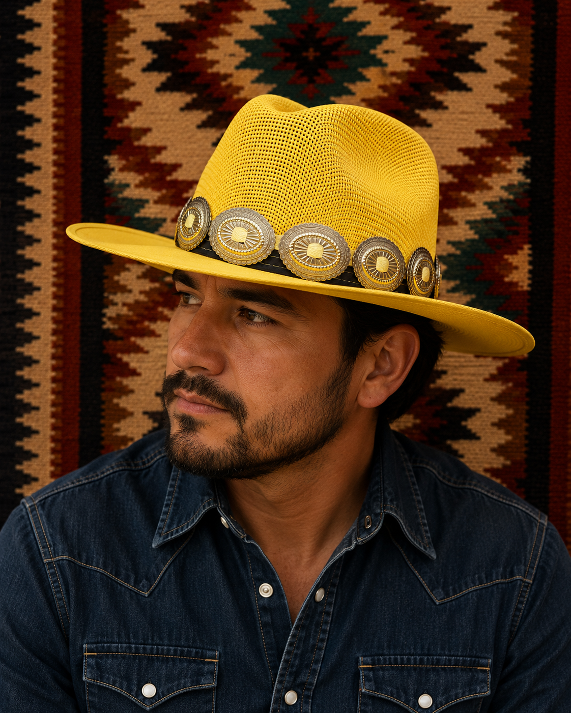 Yellow straw fedora straw hat with concho headband
