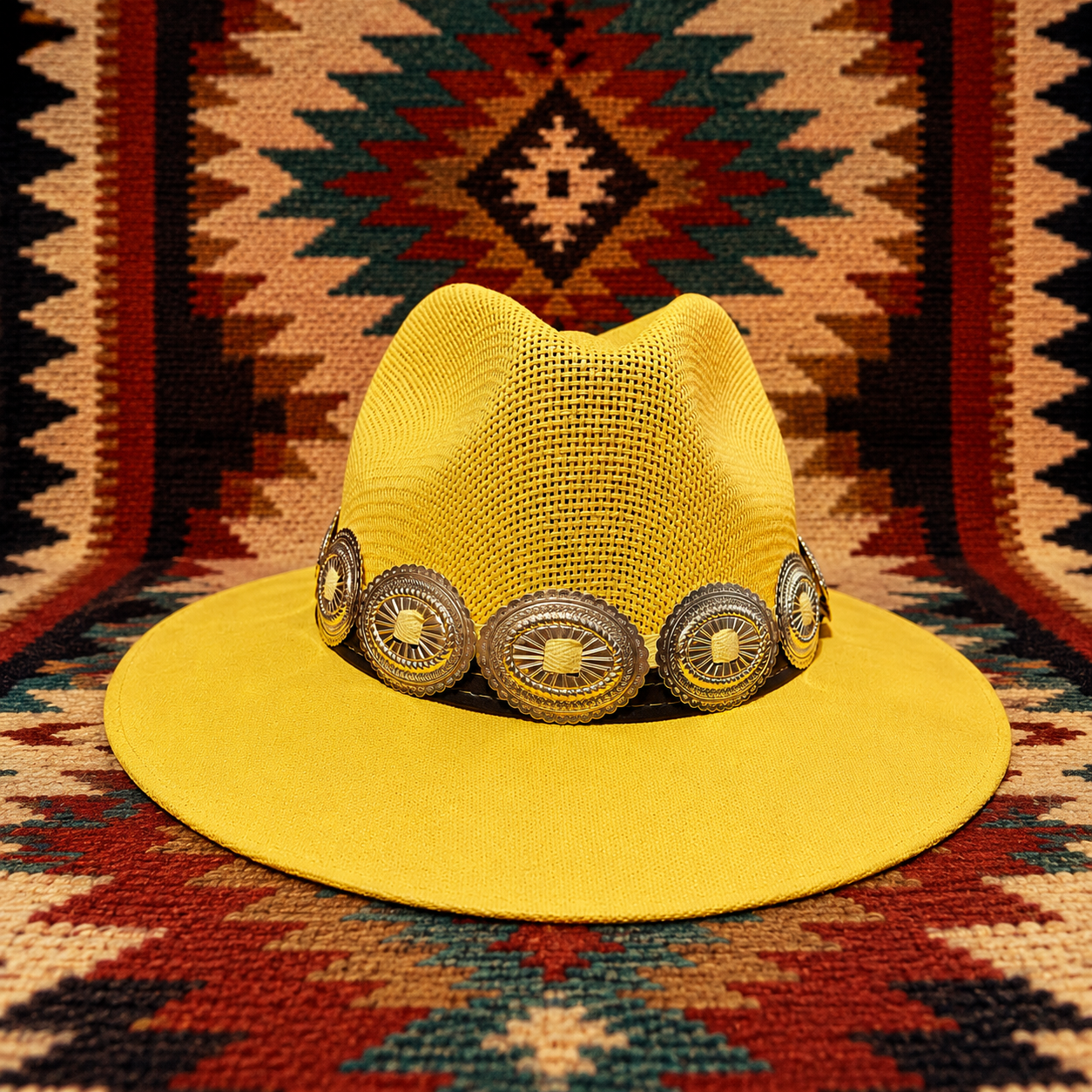 Yellow straw fedora straw hat with concho headband