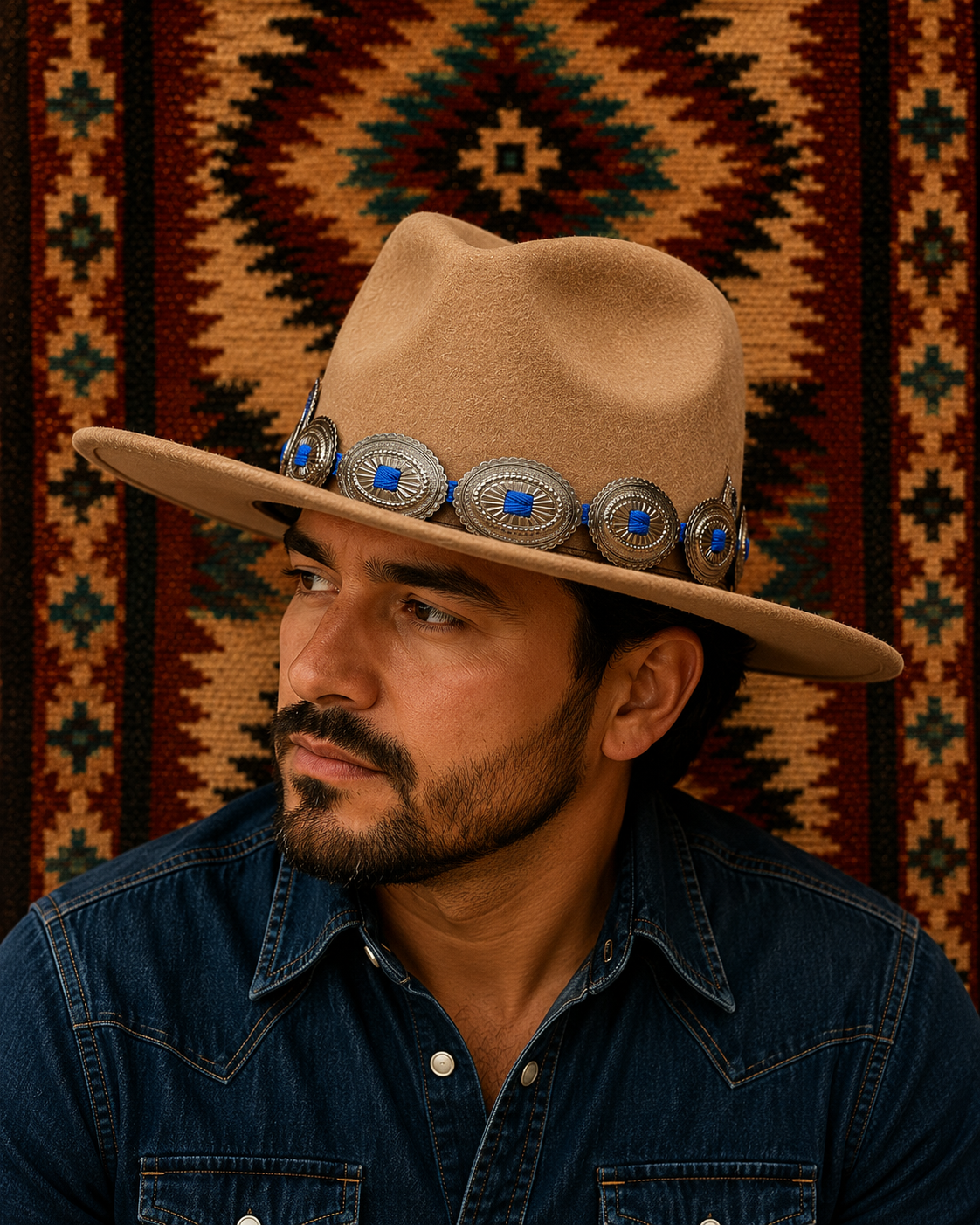 Wide brim felt fedora hat with concho headband